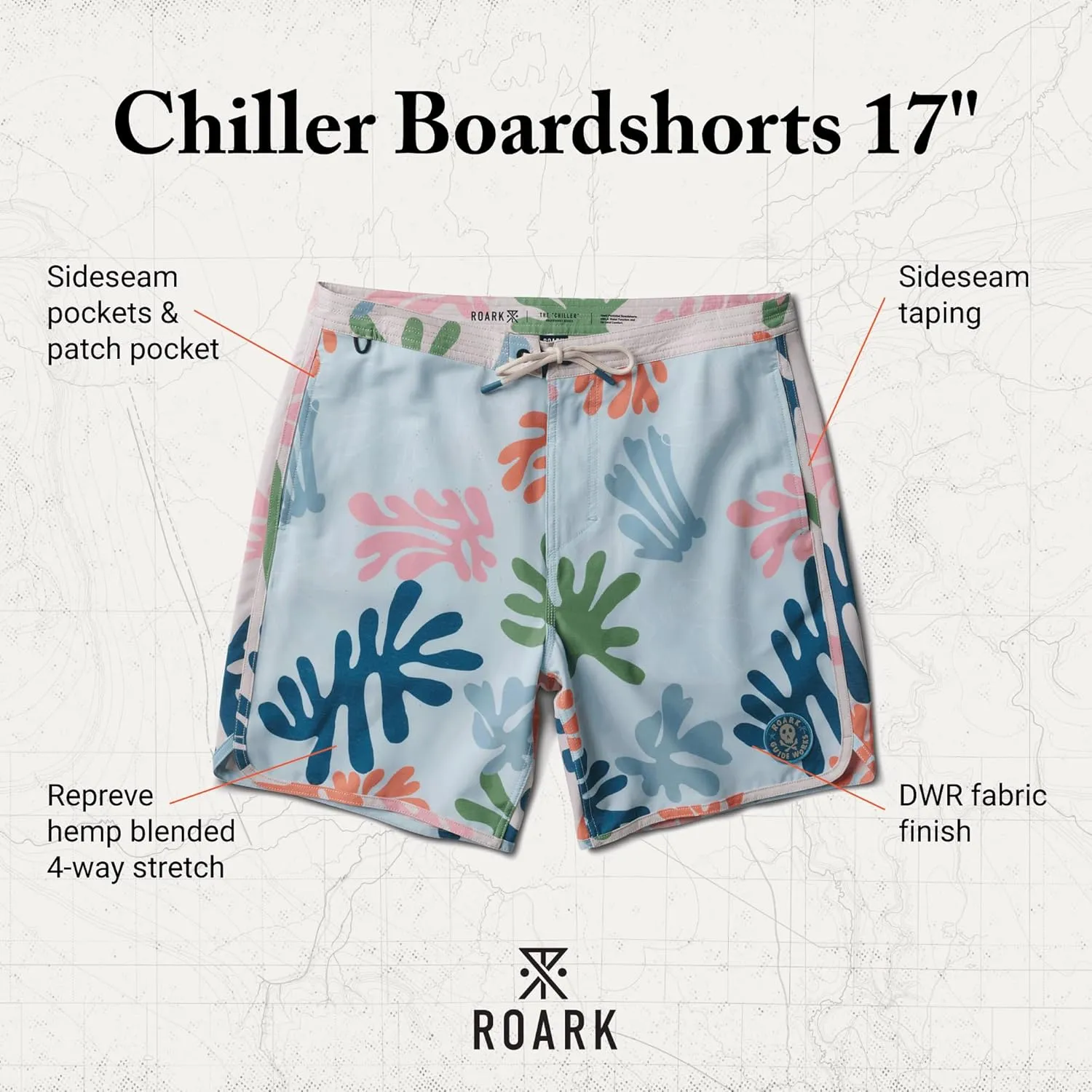 Roark Chiller Men's Swim Trunks C Quick-Dry Boardshorts with 4-Way Stretch, Hemp Blend Fabric, Pockets & Adjustable Waist