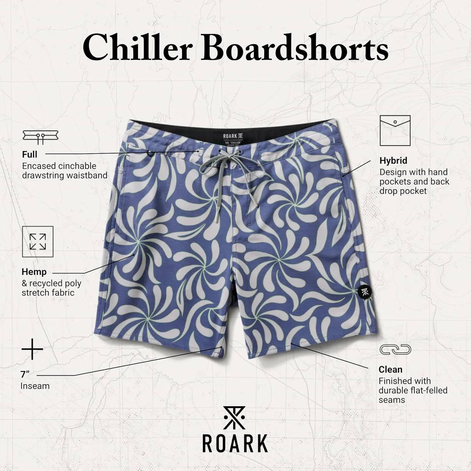 Roark Chiller Men's Swim Trunks C Quick-Dry Boardshorts with 4-Way Stretch, Hemp Blend Fabric, Pockets & Adjustable Waist