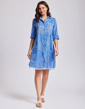 Romina 3/4 Sleeve Shirt Dress - Capri Blue