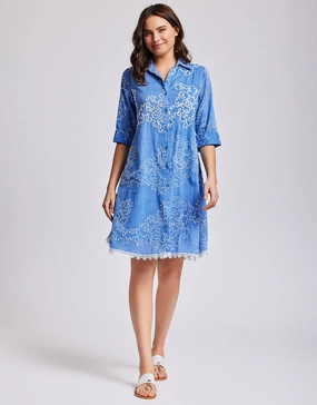 Romina 3/4 Sleeve Shirt Dress - Capri Blue