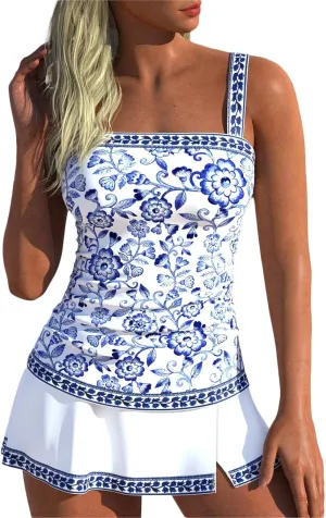 ROSEWE Womens Tummy Control Tankini Bathing Suits, Two Piece Ruched Swimsuits, Floral Print Swimdress with Skirt