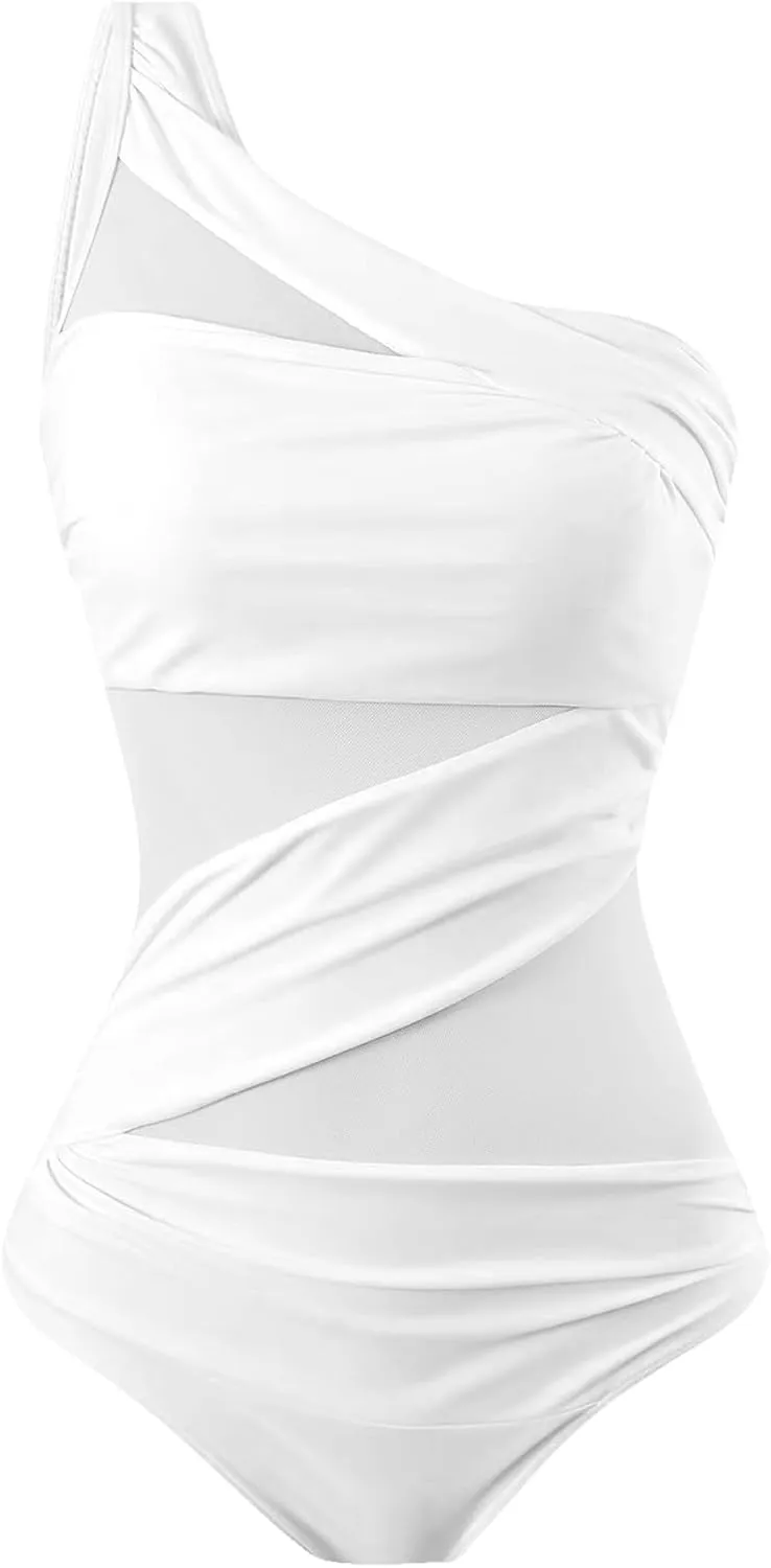 Runtlly Women's One Piece Swimsuits One Shoulder Plus Size Swimwear Bathing Suit with See Through Mesh Style