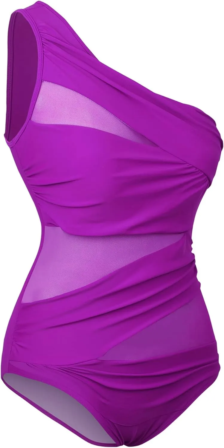 Runtlly Women's One Piece Swimsuits One Shoulder Plus Size Swimwear Bathing Suit with See Through Mesh Style