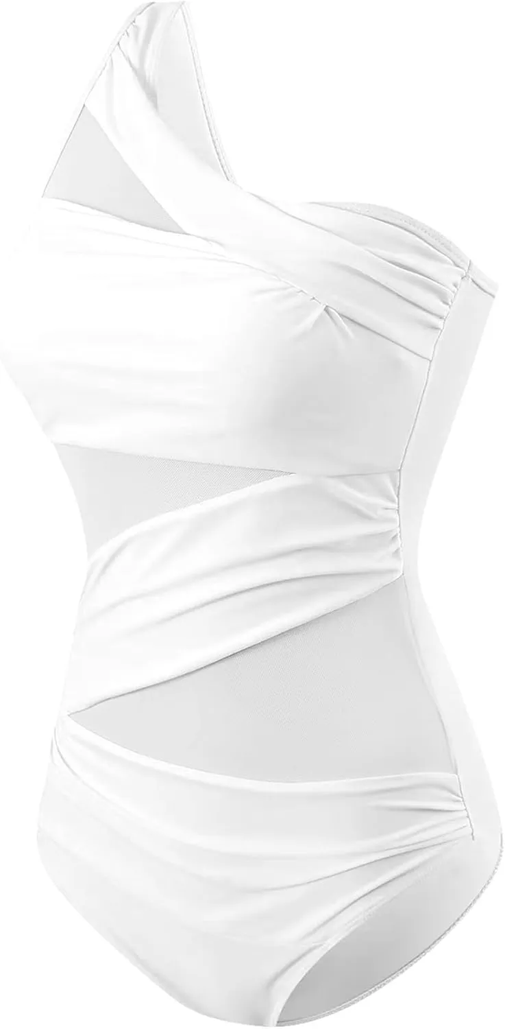 Runtlly Women's One Piece Swimsuits One Shoulder Plus Size Swimwear Bathing Suit with See Through Mesh Style