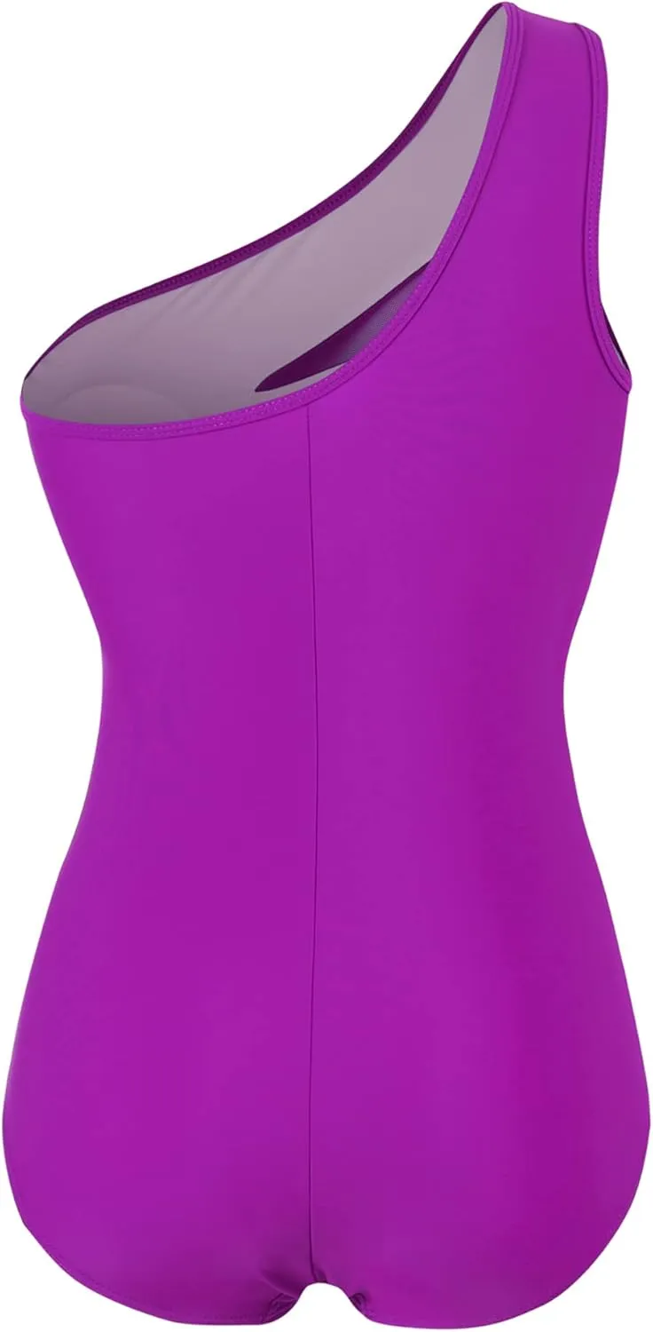 Runtlly Women's One Piece Swimsuits One Shoulder Plus Size Swimwear Bathing Suit with See Through Mesh Style