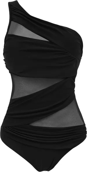 Runtlly Women's One Piece Swimsuits One Shoulder Plus Size Swimwear Bathing Suit with See Through Mesh Style
