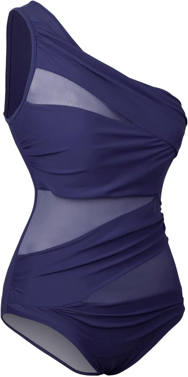 Runtlly Women's One Piece Swimsuits One Shoulder Plus Size Swimwear Bathing Suit with See Through Mesh Style