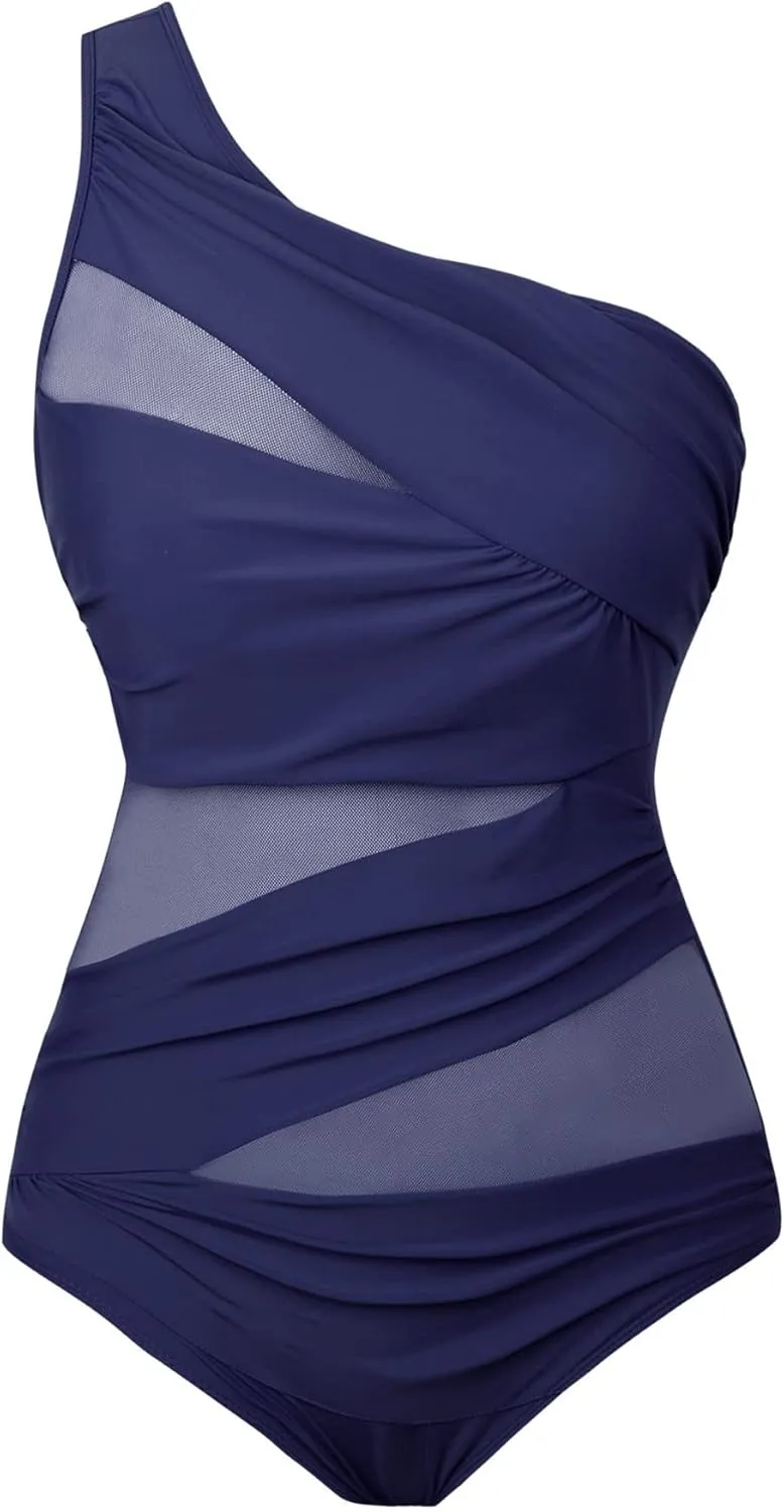 Runtlly Women's One Piece Swimsuits One Shoulder Plus Size Swimwear Bathing Suit with See Through Mesh Style