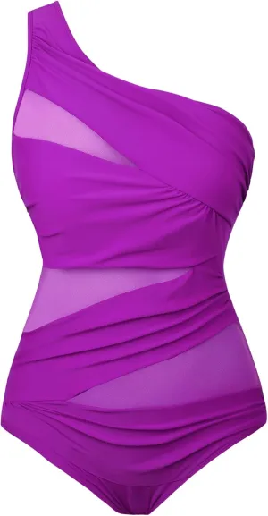 Runtlly Women's One Piece Swimsuits One Shoulder Plus Size Swimwear Bathing Suit with See Through Mesh Style
