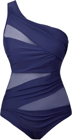 Runtlly Women's One Piece Swimsuits One Shoulder Plus Size Swimwear Bathing Suit with See Through Mesh Style