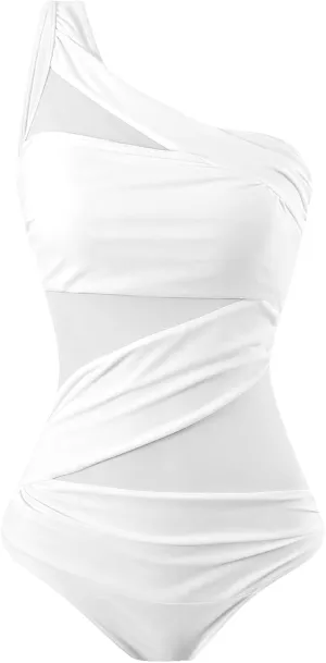 Runtlly Women's One Piece Swimsuits One Shoulder Plus Size Swimwear Bathing Suit with See Through Mesh Style