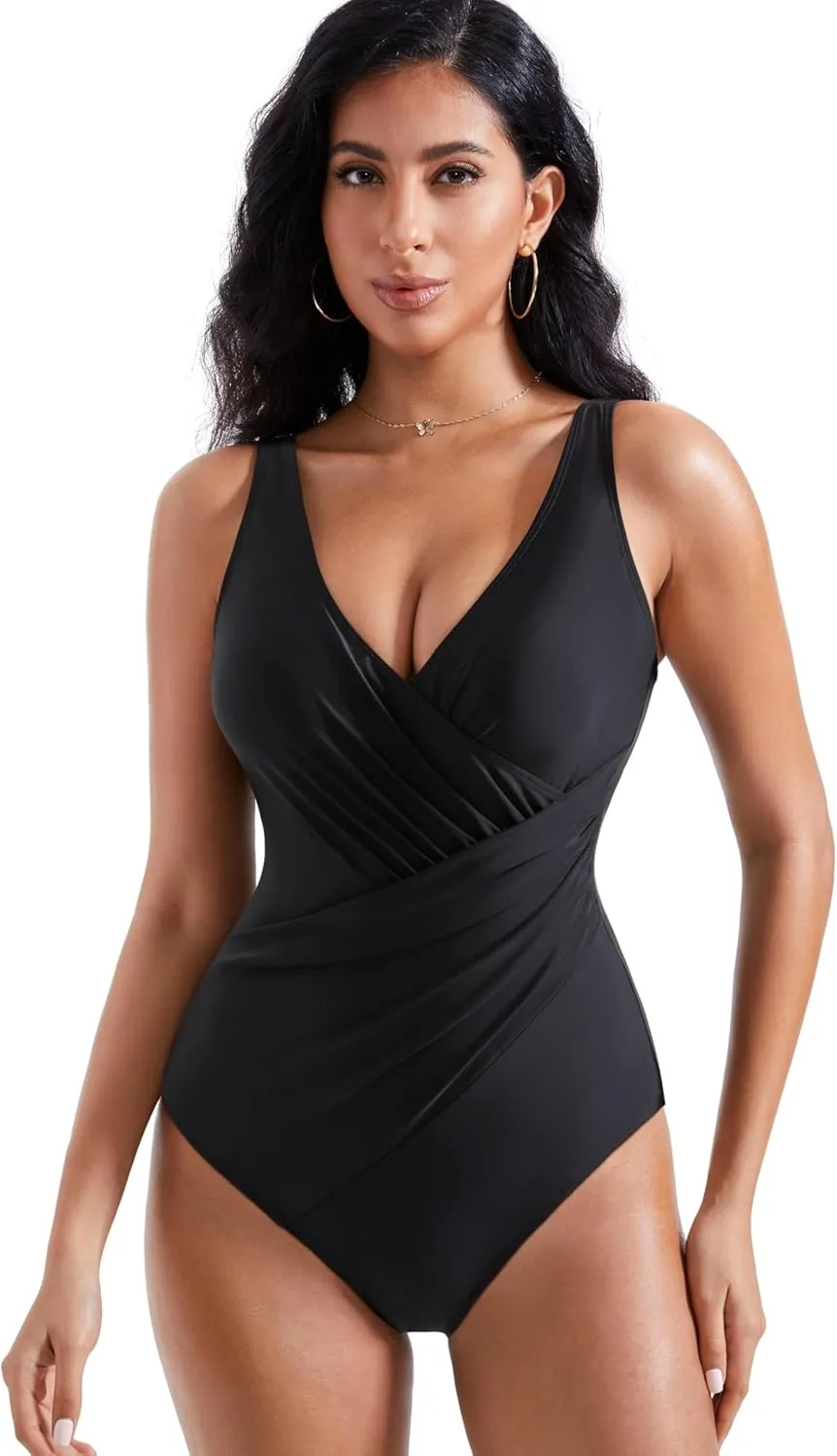RXRXCOCO Womens One Piece Swimsuits Tummy Control Ruched Criss Cross Bathing Suits V Neck Slimming Swimwear