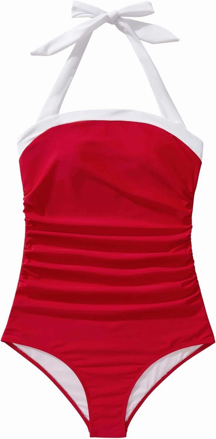 RXRXCOCO Women Retro One Piece Swimsuit Tummy Control Halter Vintage Bathing Suit