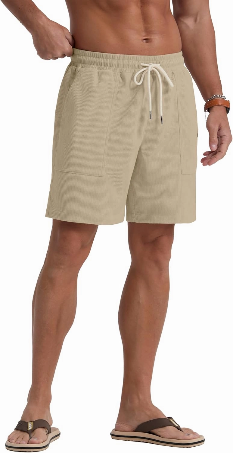Sailwind Men's Casual Corduroy Shorts Lightweight Elastic Waist Drawstring Summer Beach Shorts