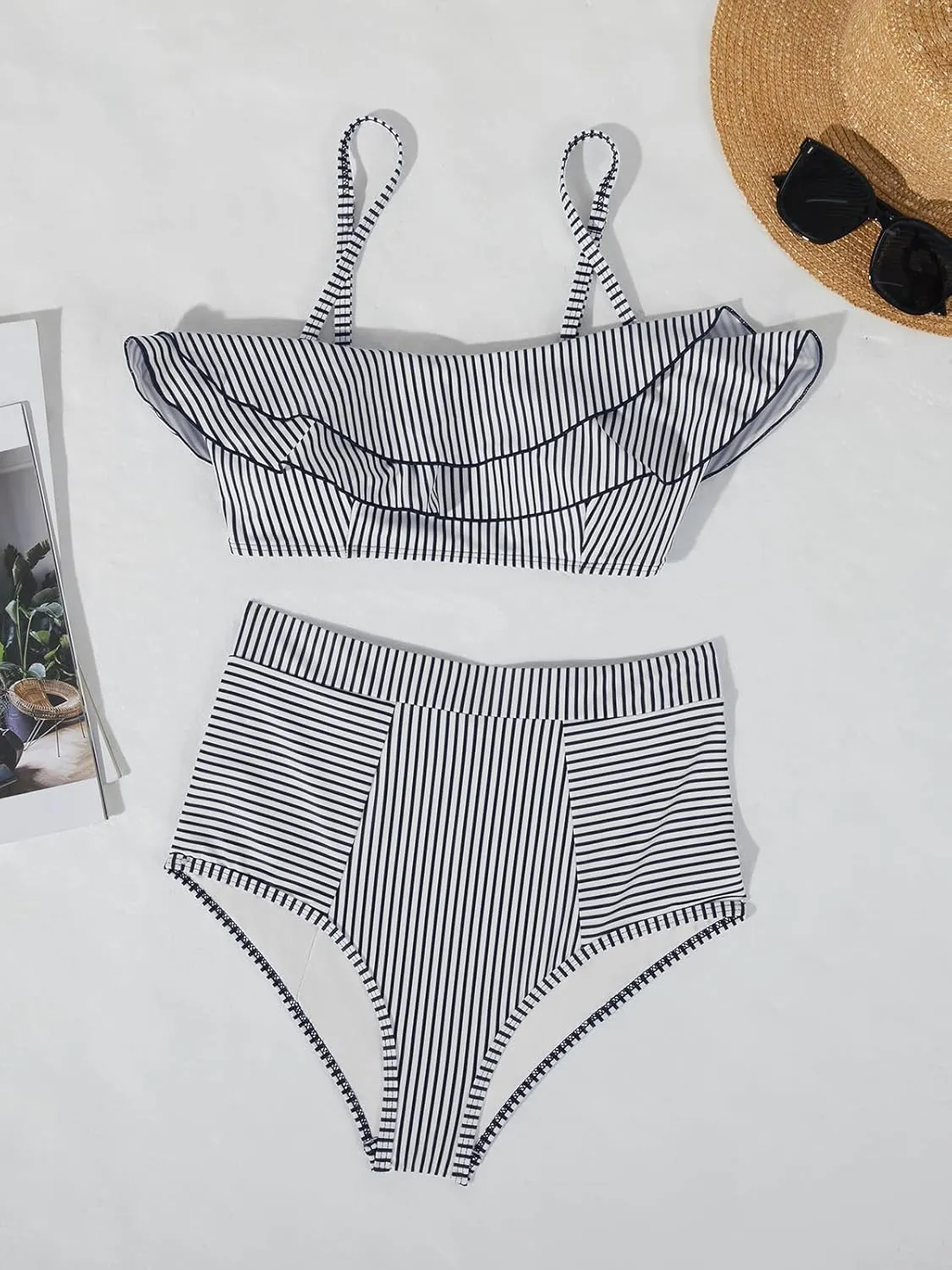 Saodimallsu Women High Waisted 2 Piece Bikini Set Bandeau Ruffle Swimsuit Top Striped Bathing Suits