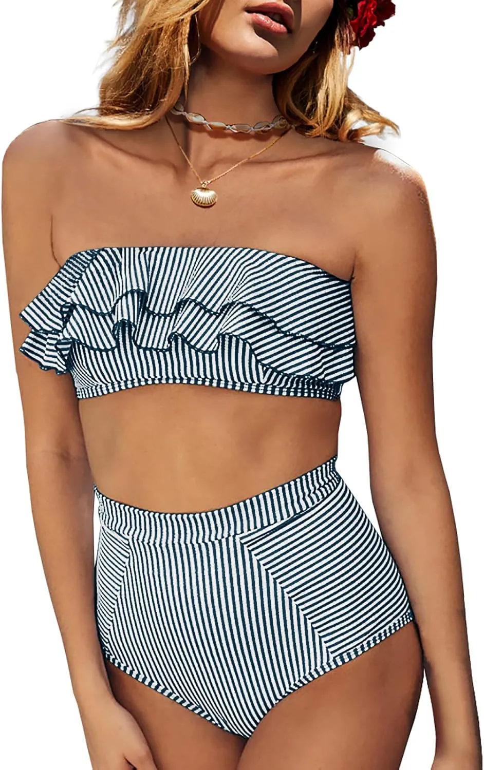 Saodimallsu Women High Waisted 2 Piece Bikini Set Bandeau Ruffle Swimsuit Top Striped Bathing Suits