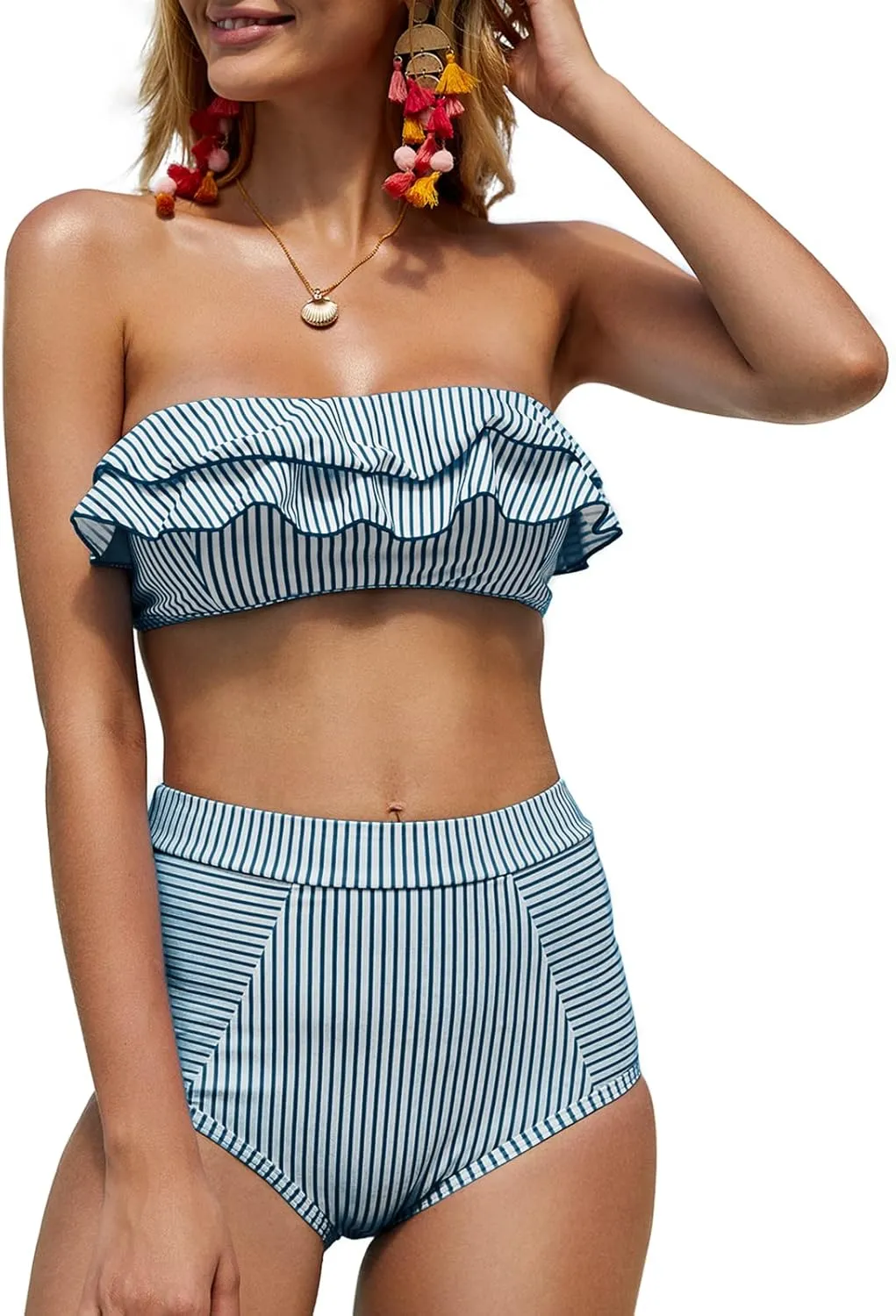Saodimallsu Women High Waisted 2 Piece Bikini Set Bandeau Ruffle Swimsuit Top Striped Bathing Suits