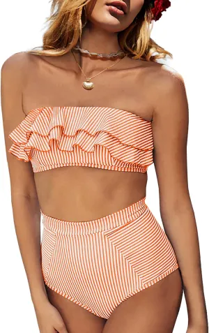 Saodimallsu Women High Waisted 2 Piece Bikini Set Bandeau Ruffle Swimsuit Top Striped Bathing Suits