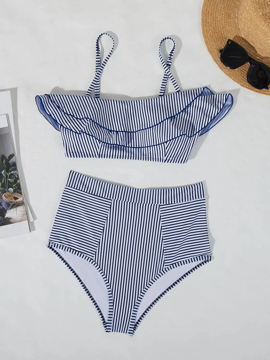 Saodimallsu Women High Waisted 2 Piece Bikini Set Bandeau Ruffle Swimsuit Top Striped Bathing Suits