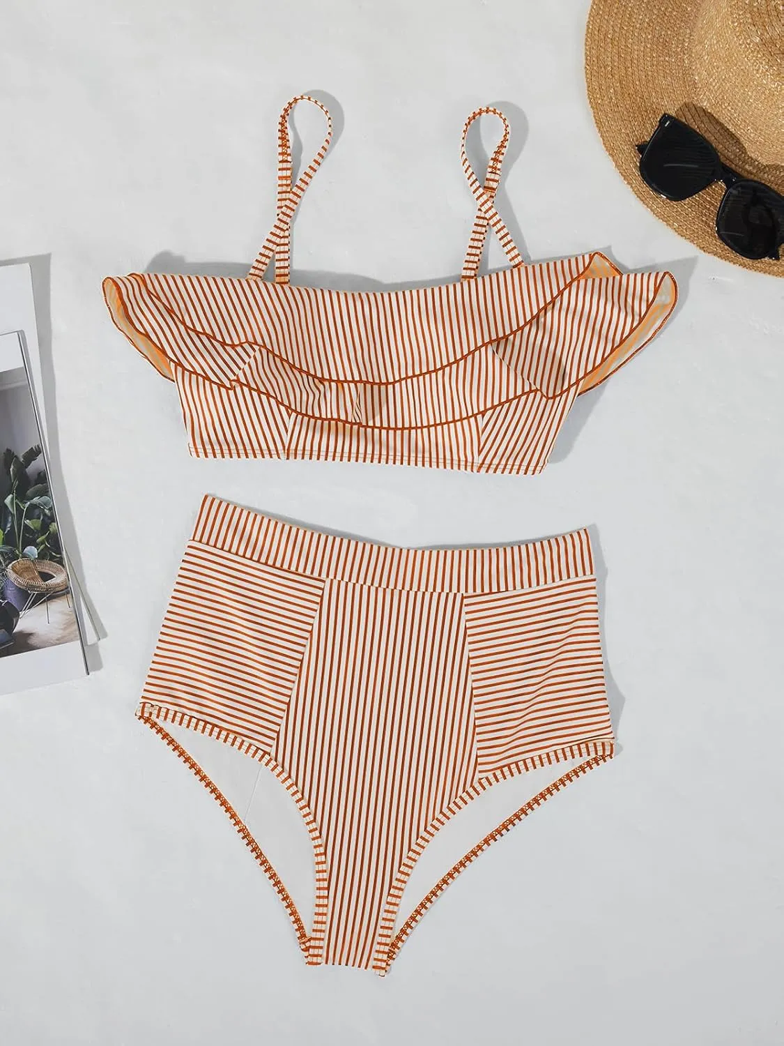 Saodimallsu Women High Waisted 2 Piece Bikini Set Bandeau Ruffle Swimsuit Top Striped Bathing Suits