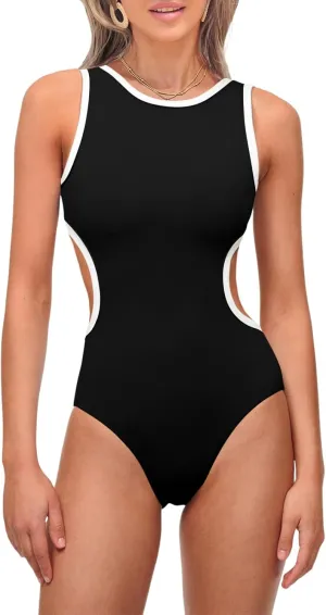 Saodimallsu Womens One Piece Swimsuits High Neck Sexy Cut Out Color Block Low Back Tummy Control Bathing Suit