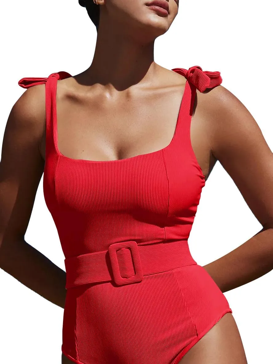 Saodimallsu Womens Sexy One Piece Bathing Suit High Cut Knit Square Neck Tied Strappy Swimsuit with Belt