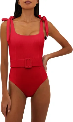 Saodimallsu Womens Sexy One Piece Bathing Suit High Cut Knit Square Neck Tied Strappy Swimsuit with Belt
