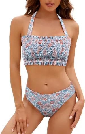 SEAFORM Bikini Set for Women Two Piece Bathing Suits Bandeau Top Mid Waisted Bottom Floral Bathing Suits with Removable Pads