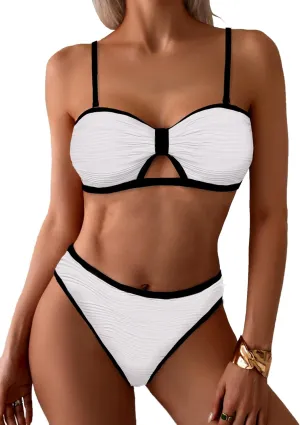 seamoly 2 in 1 Convertible Bikini Sets Ribbed Color Block Bandeau Swimsuit Cutout Ring Sexy 2 Piece Bathing Suit