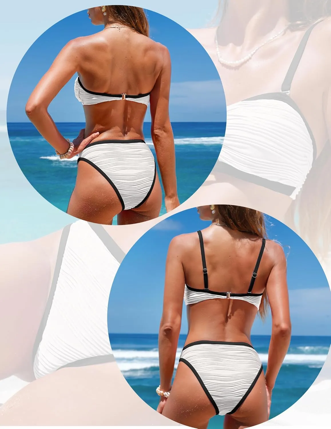 seamoly 2 in 1 Convertible Bikini Sets Ribbed Color Block Bandeau Swimsuit Cutout Ring Sexy 2 Piece Bathing Suit