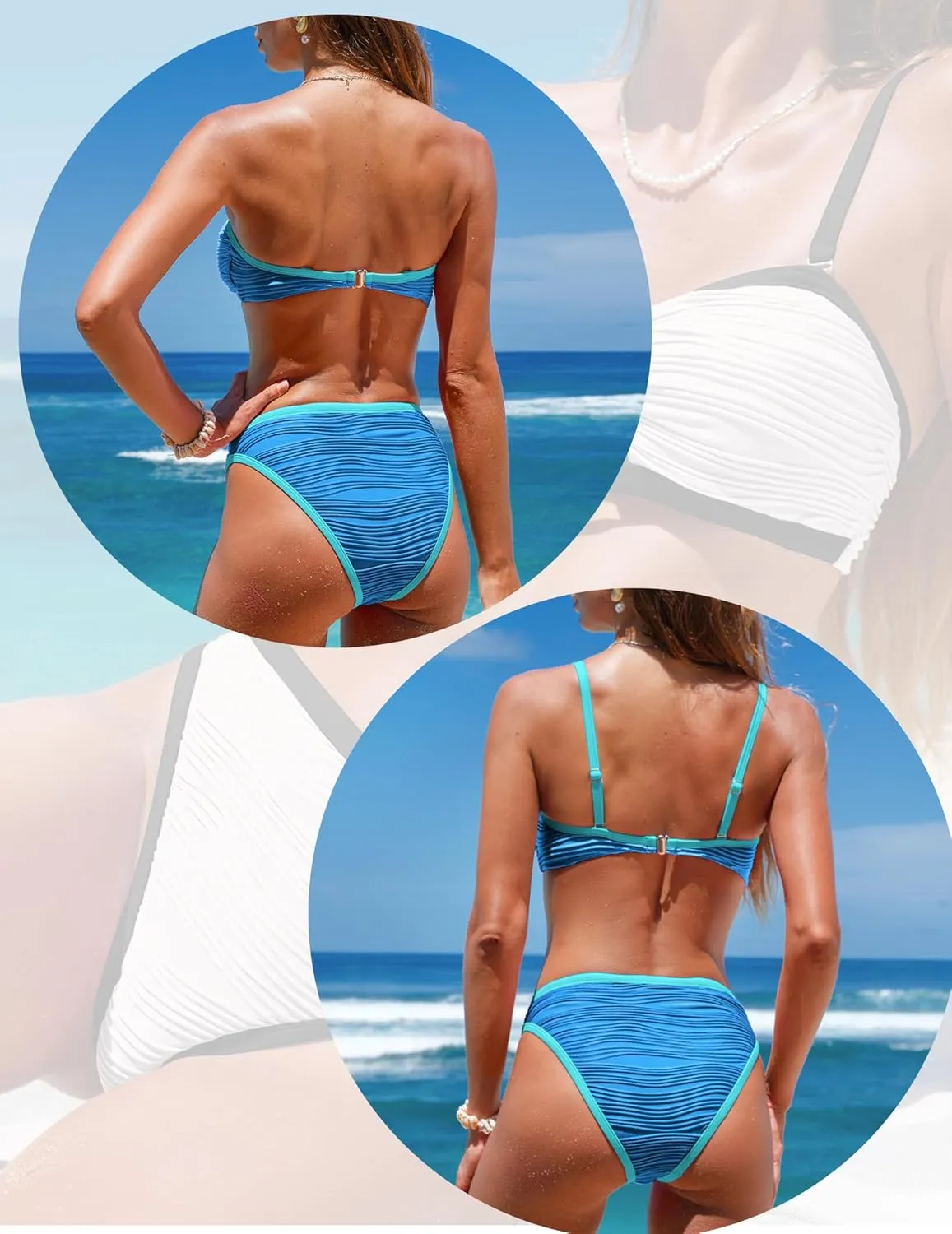 seamoly 2 in 1 Convertible Bikini Sets Ribbed Color Block Bandeau Swimsuit Cutout Ring Sexy 2 Piece Bathing Suit