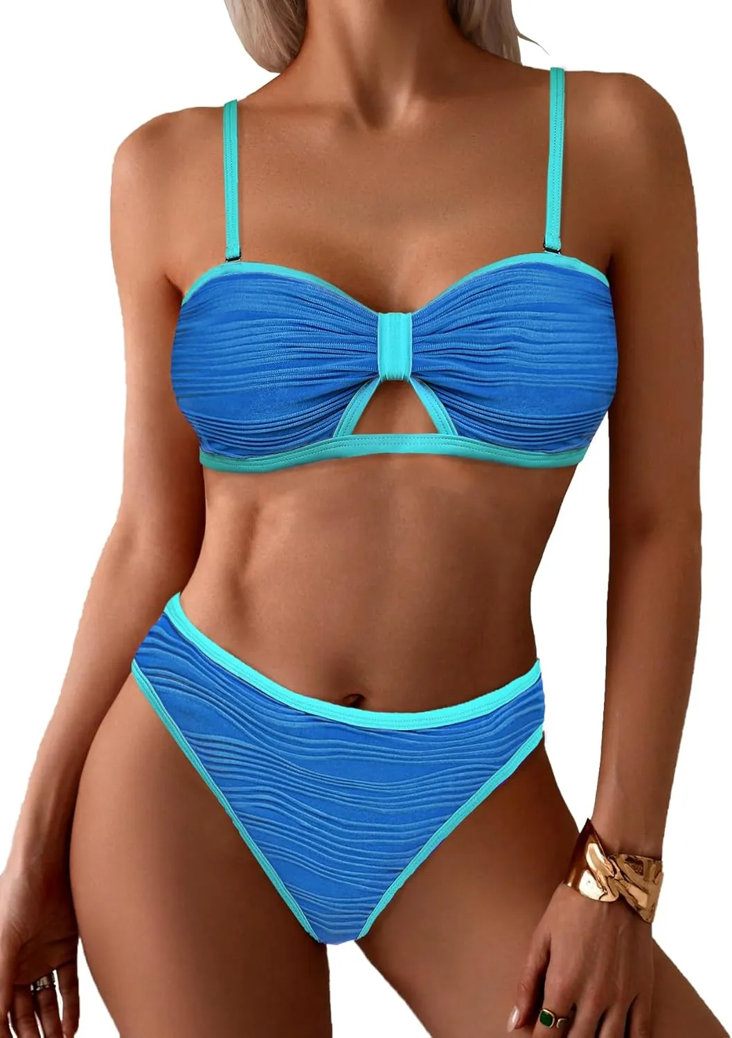 seamoly 2 in 1 Convertible Bikini Sets Ribbed Color Block Bandeau Swimsuit Cutout Ring Sexy 2 Piece Bathing Suit