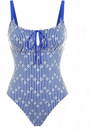 seamoly Blue Gingham Tie Around Criss Cross Backless Plunging Neck One-Piece Swimsuit