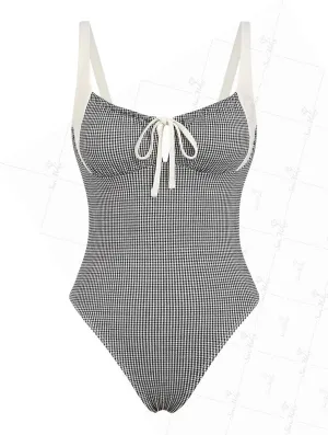 seamoly Blue Gingham Tie Around Criss Cross Backless Plunging Neck One-Piece Swimsuit