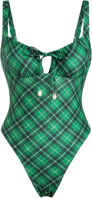seamoly Blue Gingham Tie Around Criss Cross Backless Plunging Neck One-Piece Swimsuit