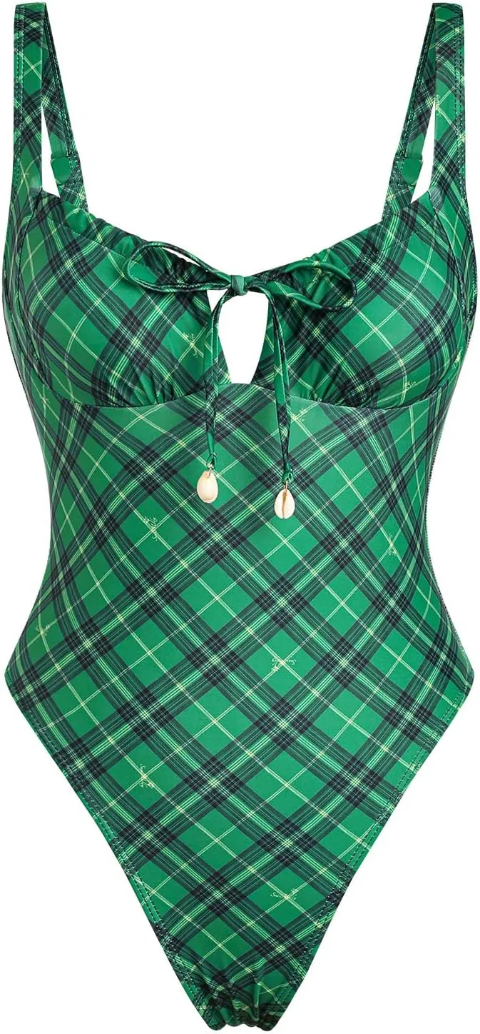 seamoly Blue Gingham Tie Around Criss Cross Backless Plunging Neck One-Piece Swimsuit