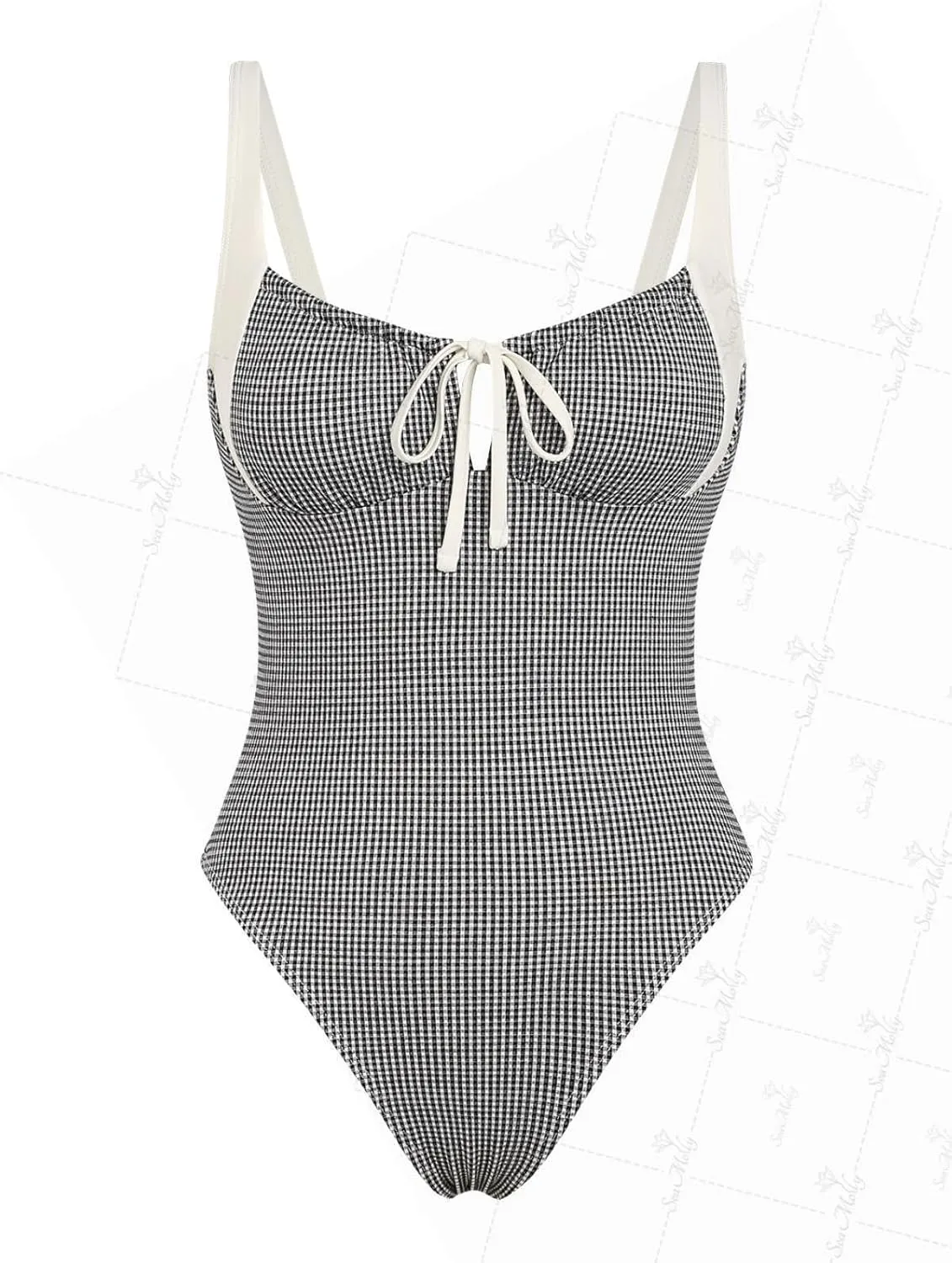 seamoly Blue Gingham Tie Around Criss Cross Backless Plunging Neck One-Piece Swimsuit