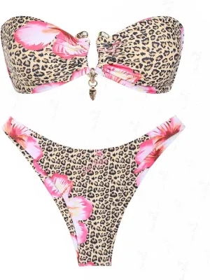 seamoly Ruched U-Ring Metal Tied Back Bandeau Top & Brazilian Bottom Bikini Set
