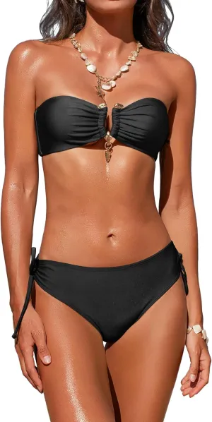 seamoly Swim Suits for Women 2025 Sexy Cutout Metal Ring Strapless Bikini Set Padded Open Back Tie Side Thong Bathing Suits