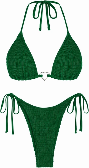 seamoly Women's Bikini Sets Smocked Two Piece Swimsuit Halter Sexy High Cut Triangle Bathing Suit Shell Ruffle Swimwear