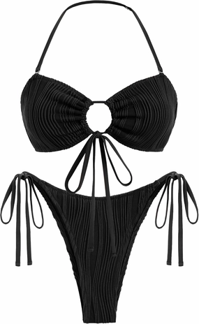 seamoly Women's Bikini Sets Smocked Two Piece Swimsuit Halter Sexy High Cut Triangle Bathing Suit Shell Ruffle Swimwear