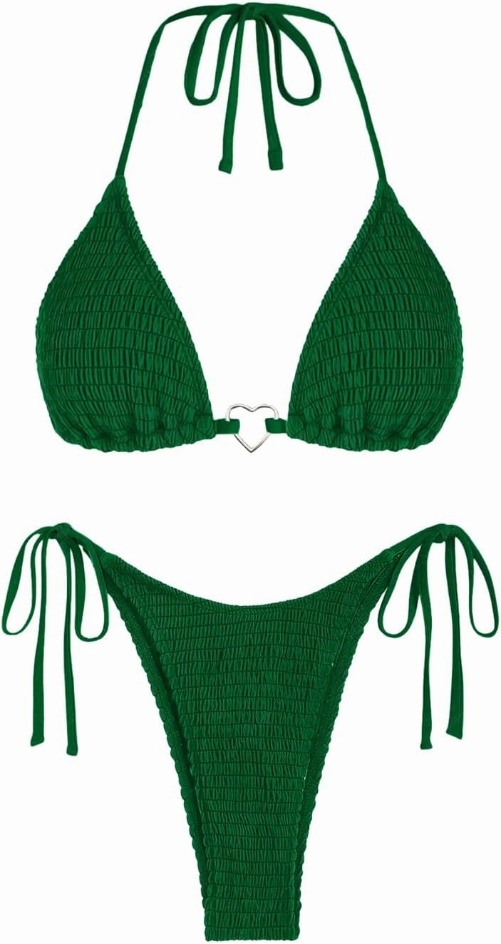 seamoly Women's Bikini Sets Smocked Two Piece Swimsuit Halter Sexy High Cut Triangle Bathing Suit Shell Ruffle Swimwear