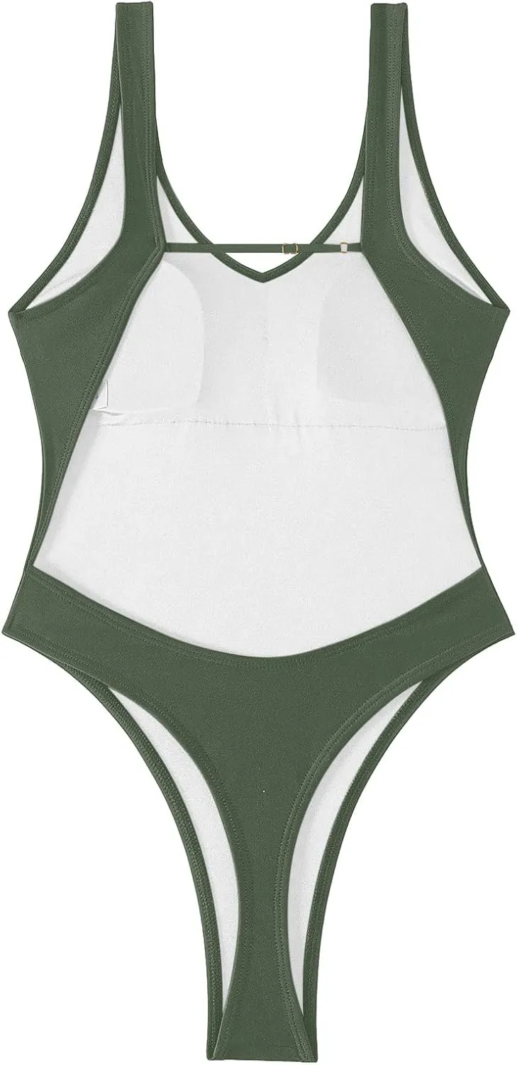 Sexy Backless Cheeky High Cut Leg Thong V Neck One Piece Swimsuit