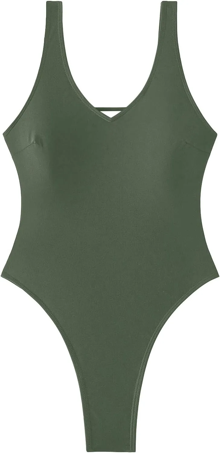 Sexy Backless Cheeky High Cut Leg Thong V Neck One Piece Swimsuit