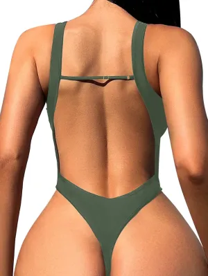 Sexy Backless Cheeky High Cut Leg Thong V Neck One Piece Swimsuit