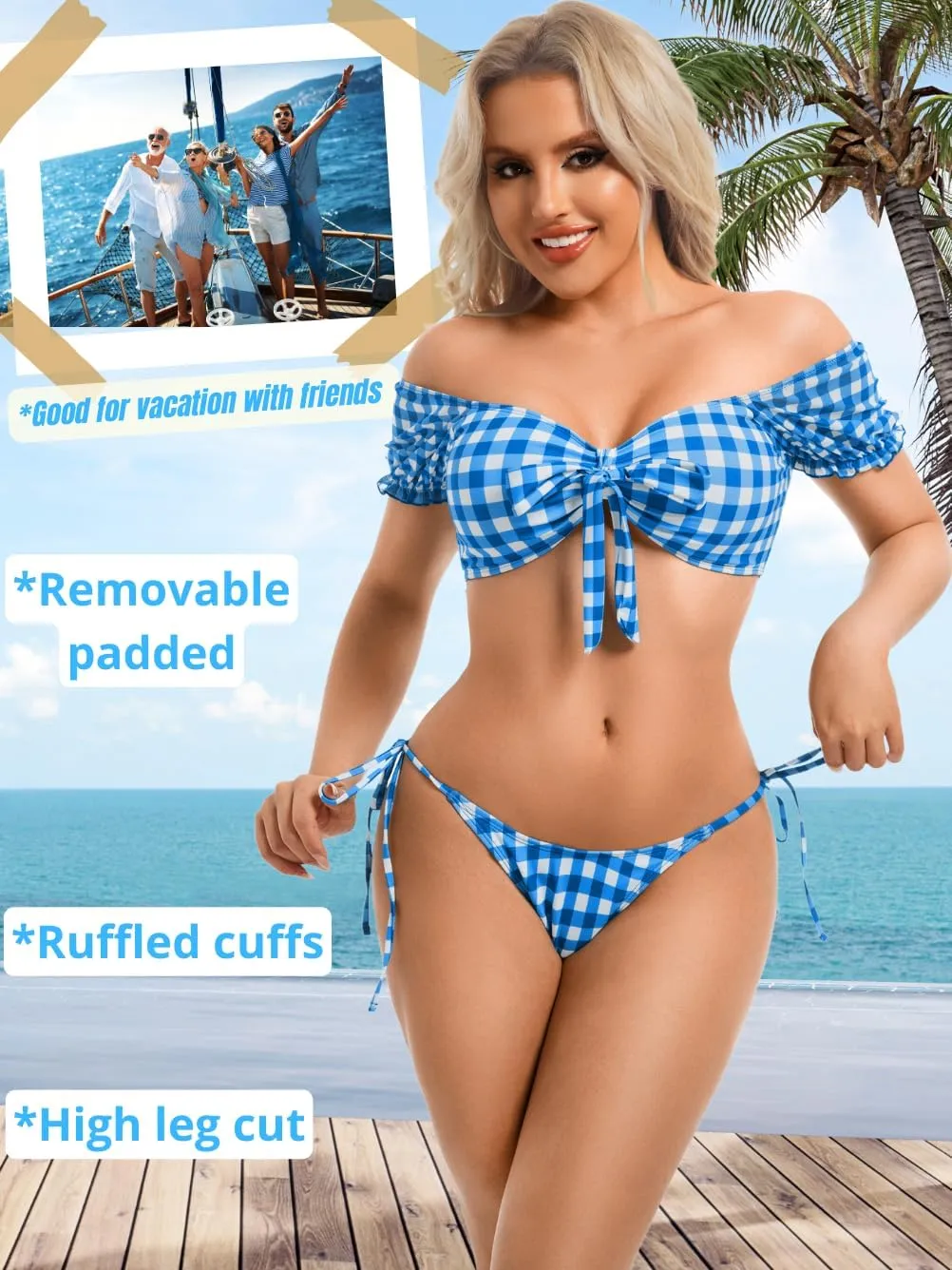 Sexy Gingham Bikini,High Cut Low Rise Tie Swimsuit Women,2 Piece Retro Checkered Bathing Suit Beach Pool Party