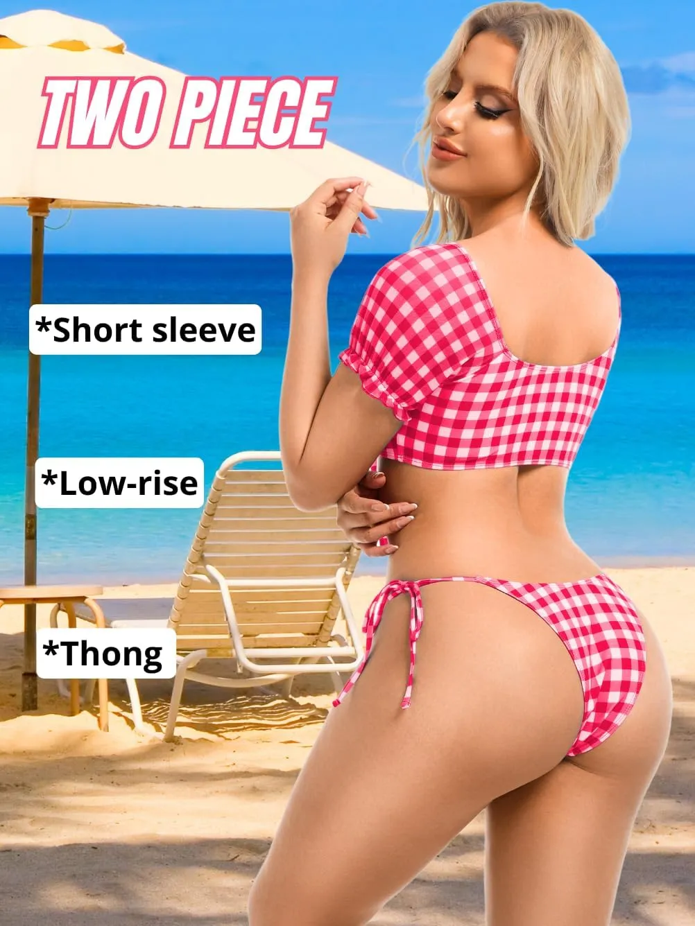 Sexy Gingham Bikini,High Cut Low Rise Tie Swimsuit Women,2 Piece Retro Checkered Bathing Suit Beach Pool Party