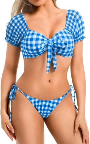 Sexy Gingham Bikini,High Cut Low Rise Tie Swimsuit Women,2 Piece Retro Checkered Bathing Suit Beach Pool Party
