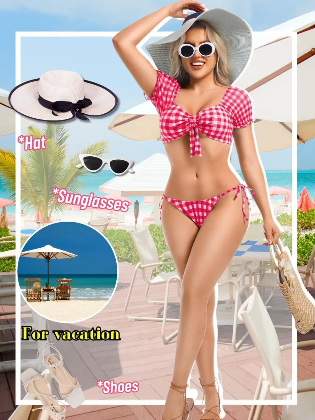 Sexy Gingham Bikini,High Cut Low Rise Tie Swimsuit Women,2 Piece Retro Checkered Bathing Suit Beach Pool Party