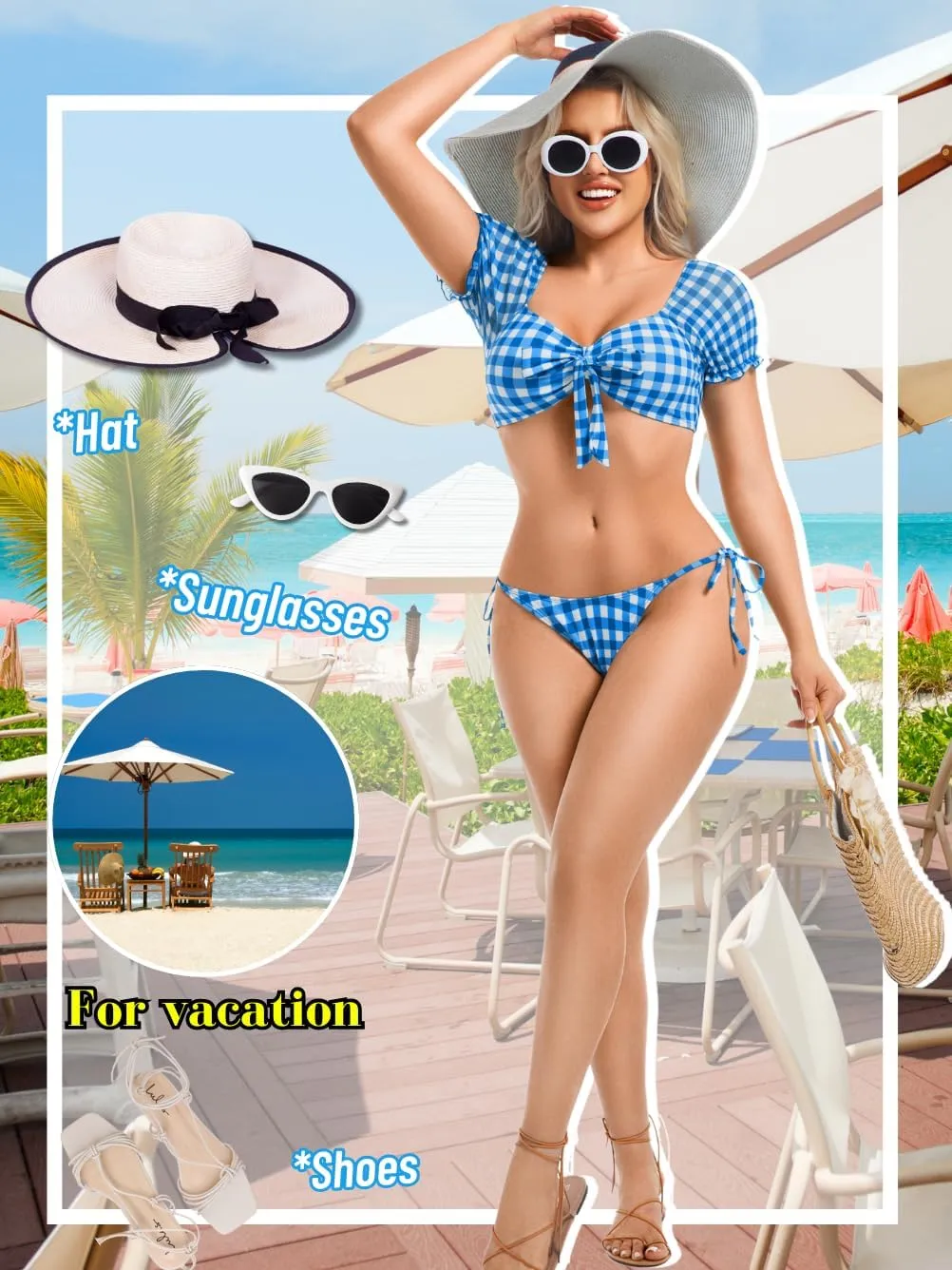 Sexy Gingham Bikini,High Cut Low Rise Tie Swimsuit Women,2 Piece Retro Checkered Bathing Suit Beach Pool Party